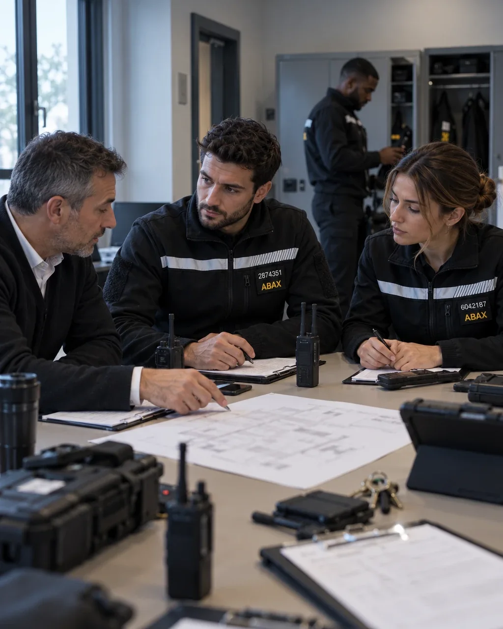 Préparation avant prise de site. Un responsable et deux agents travaillent sur un plan, radios et checklists posées sur la table.