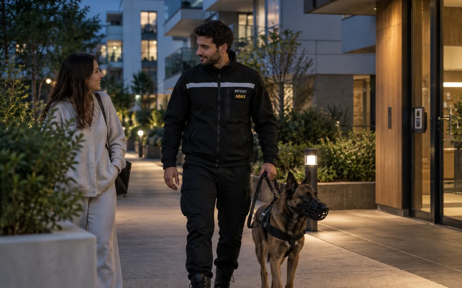 Résidence collective au crépuscule. Un agent cynophile en ronde, son chien muselé et tenu en laisse marchant à son côté.
