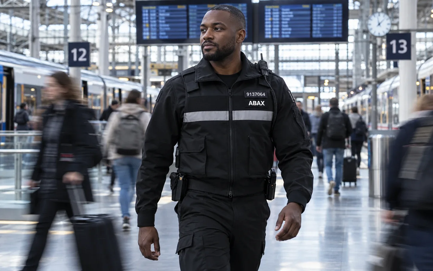 Hall de gare. Un agent de sûreté en gilet de protection traverse le flux de voyageurs, rames à quai en arrière-plan.