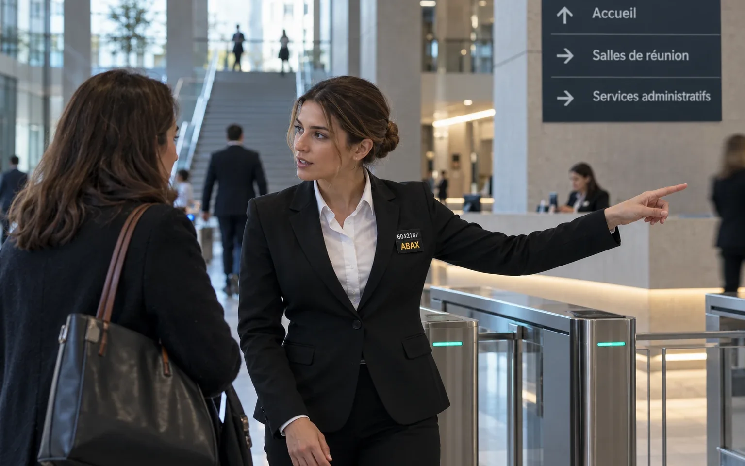 Hall administratif. Une agente en tenue de ville oriente une visiteuse vers les services, sous la signalétique d’accueil.