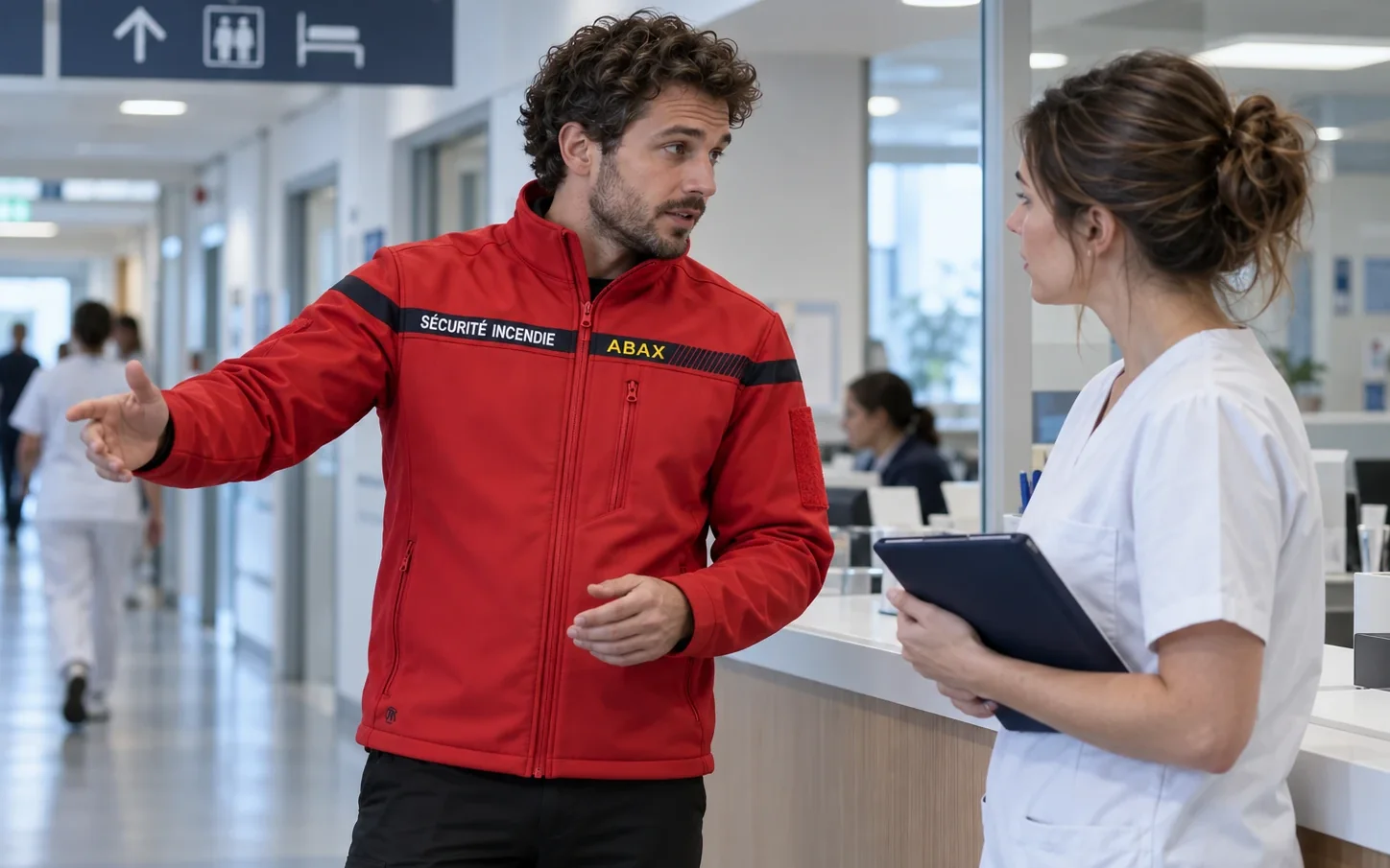 Couloir hospitalier. Un agent de sécurité incendie indique une direction à une soignante, tablette en main.